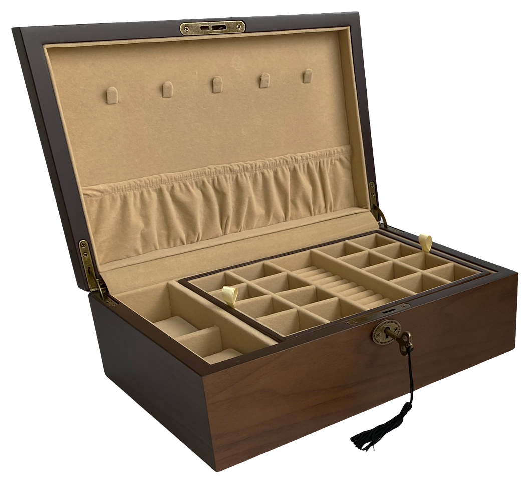 European Walnut Matte Finish Wood Jewellery Box, Length 30cm