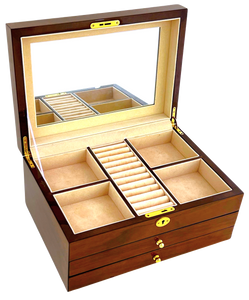 European Walnut High Gloss 2-Drawer Wooden Jewellery Box L38cm