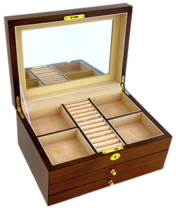 European Walnut  High Gloss Wooden Jewellery Box, Length 38cm