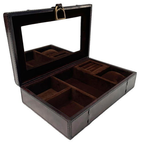 Dark Brown Buffalo Leather Jewellery Box, Stirrup Clasp L27cm