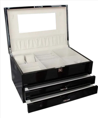 Very Large High Gloss Black Wooden Jewellery with Two Drawers, Length 41cm