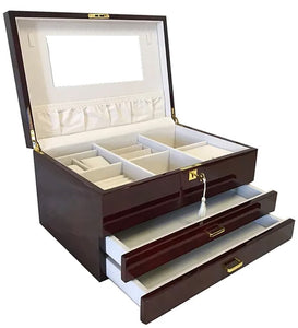 Very Large High Gloss Burgundy Wooden Jewellery with Two Drawers, Length 41cm