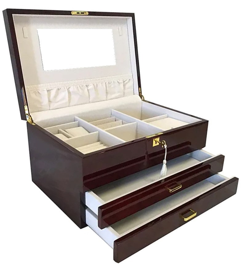 Very Large High Gloss Burgundy Wooden Jewellery, 2-Drawers, L41cm