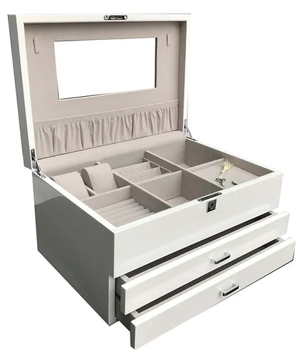 Very Large High Gloss White Wooden Jewellery with Two Drawers, Length 41cm