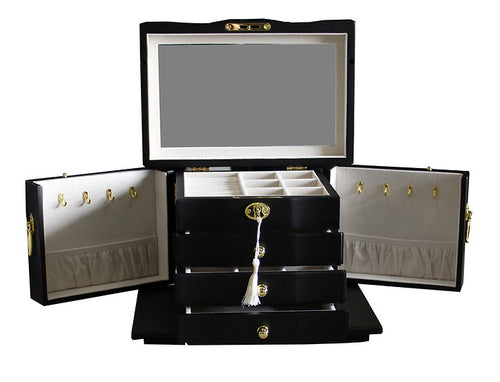 Harrowdene Matt Black Jewellery Box, 3-Drawer & 2-Side Panels L28cm