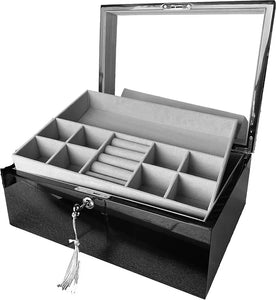 Black High Gloss Wood Jewellery Box, Length 35cm