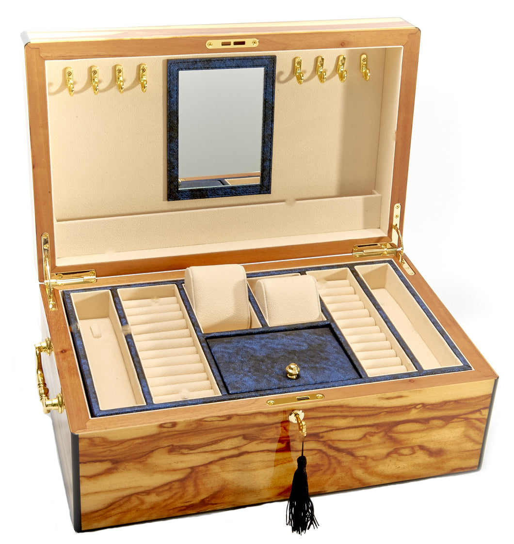 Harrowdene Very Large Timber Piano Finish Tiger Jewellery Box, Length 52cm